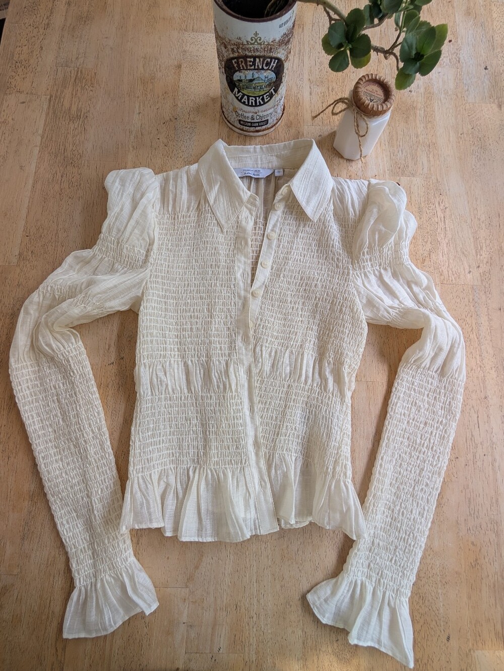 & Other Stories Cream Smocked Ruffle Button-Down Cream Top